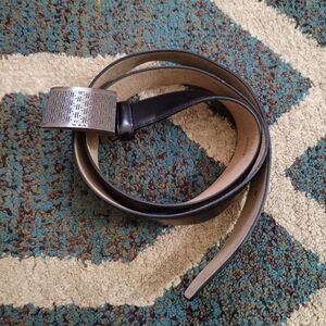 Tumi Black Leather Belt with Rectangular Buckle